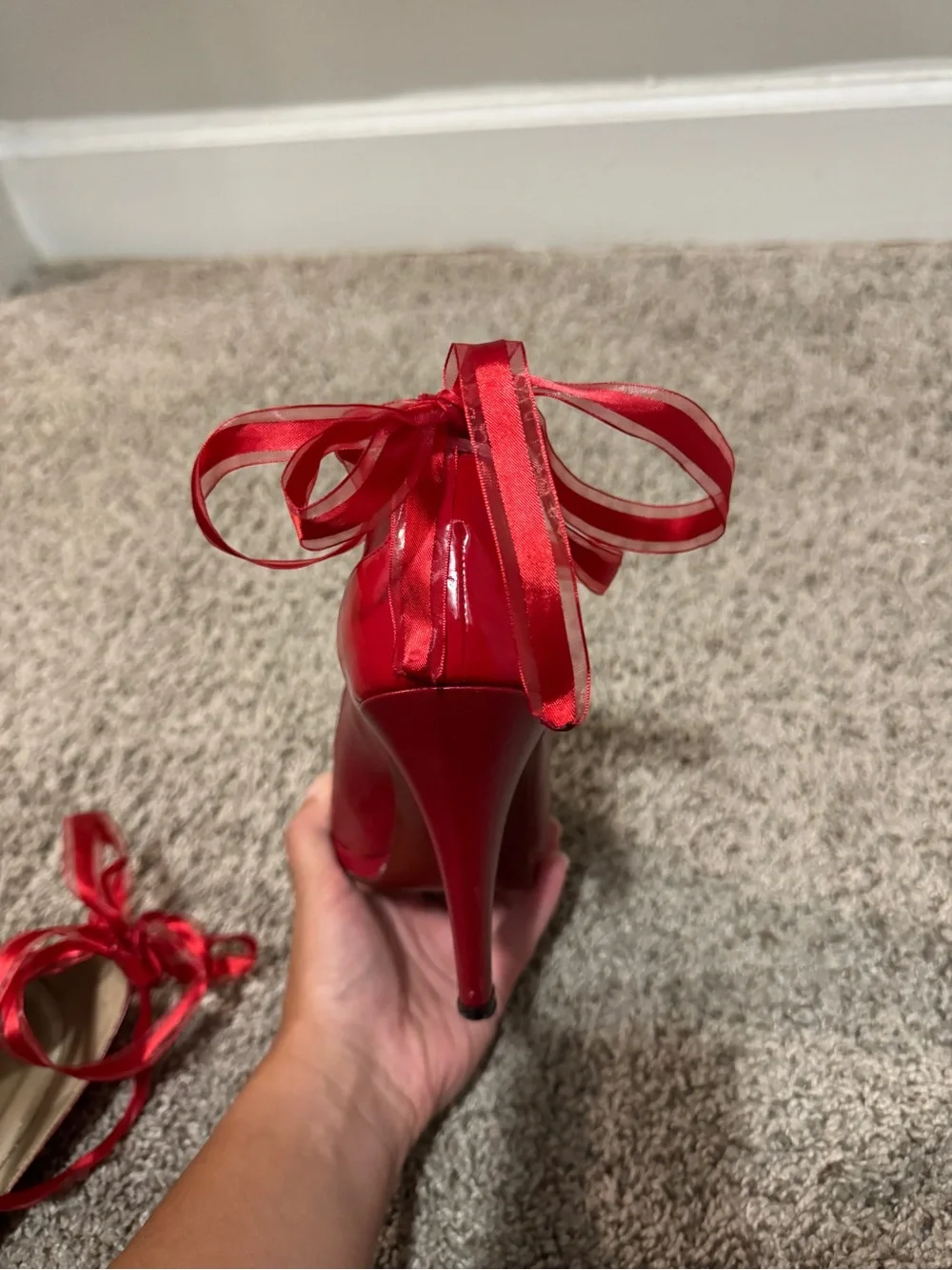 Red Ribbon-Ankle High Heel Pumps for Women